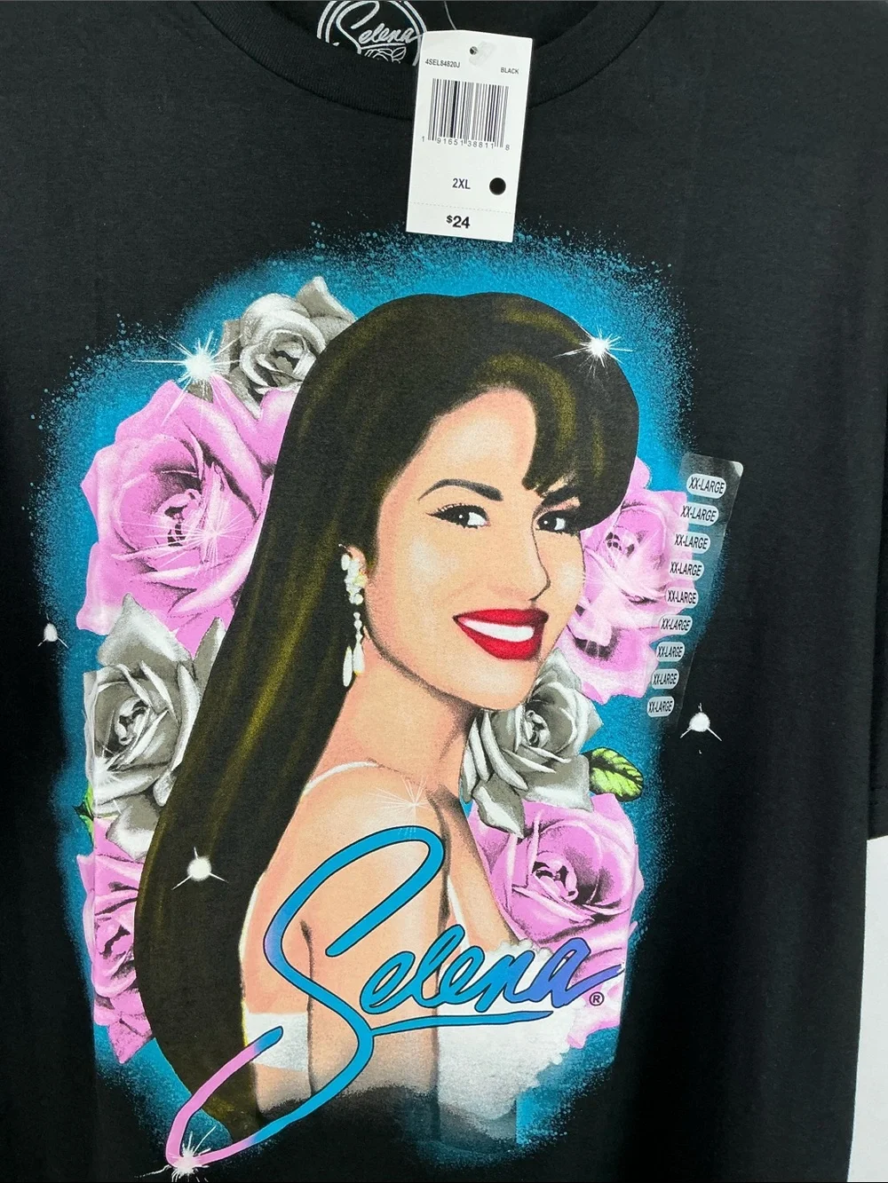 Selena Graphic Tee - Black with Pink & Silver Floral Art NWT Size 2XL